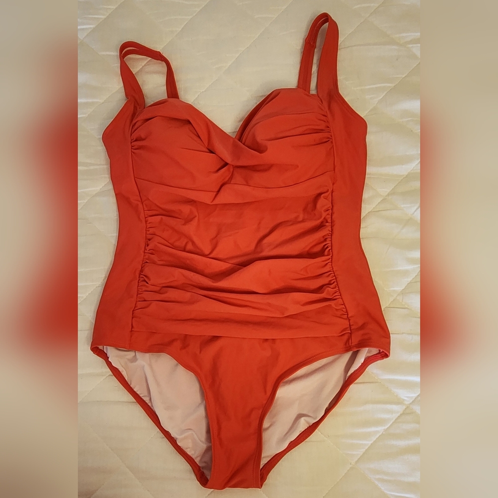 Vibrant Orange One-Piece Swimsuit with Ruched Midsection